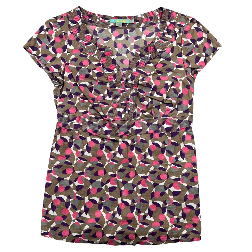 Boden Blouse Women US‎ 4 Brown Pink Geometric Empire Waist Short Sleeve Top